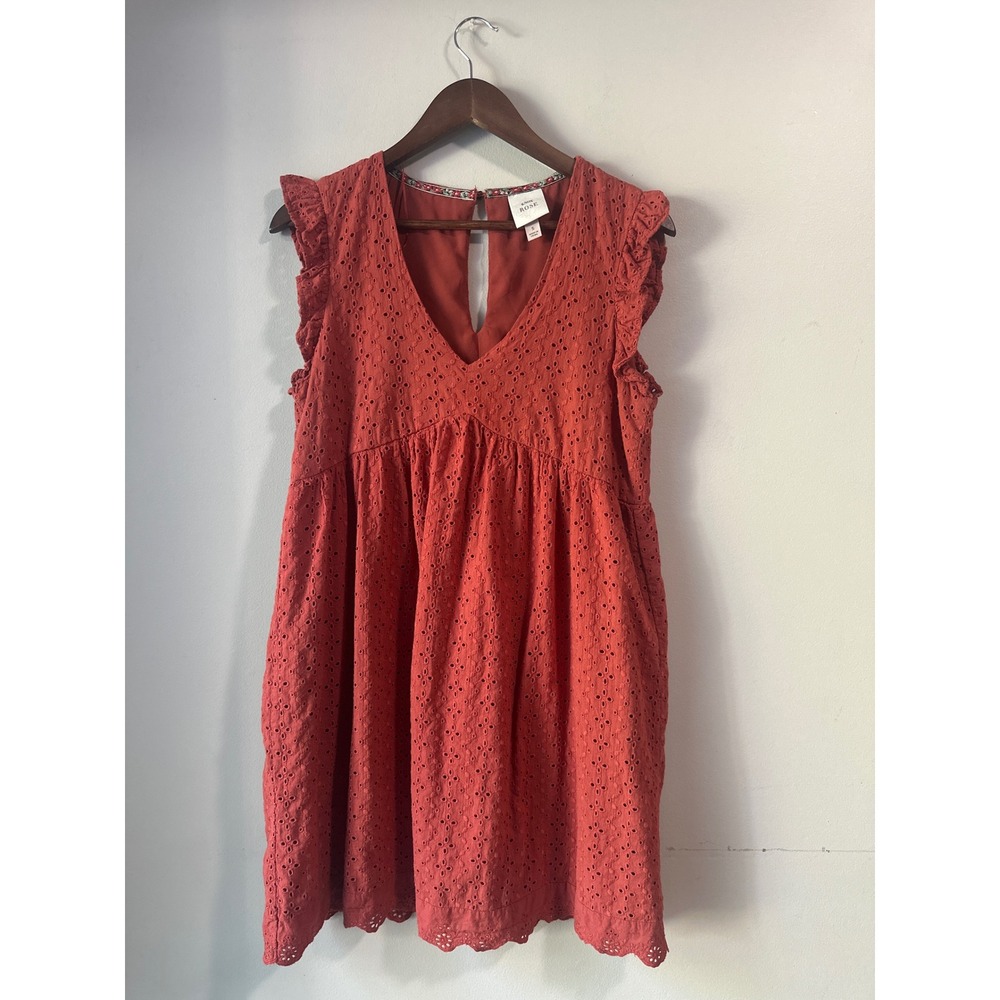 Knox Rose Rust Orange Eyelet Ruffle V-Neck Cotton Mini Dress Boho Small